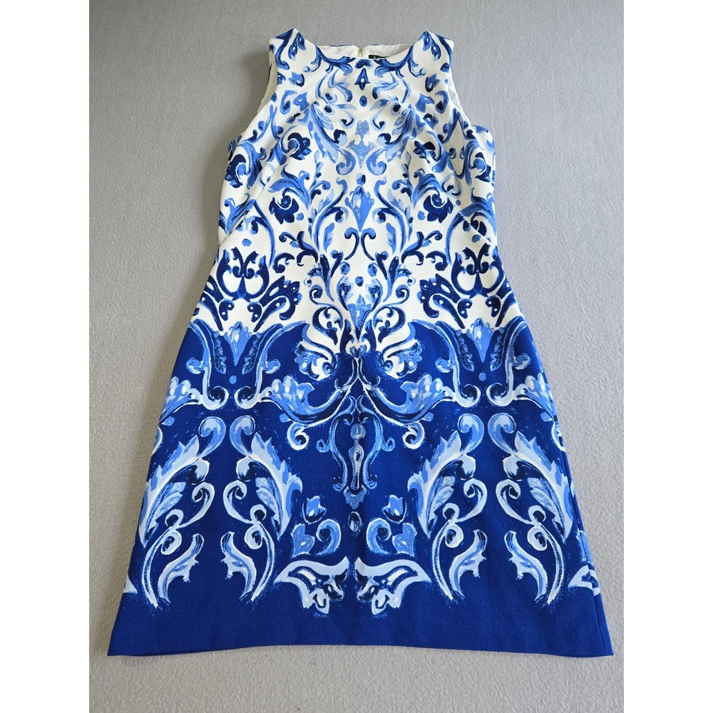 Lauren Ralph Lauren Sheath Dress Womens 8 Blue White Damask Scroll Sleeveless